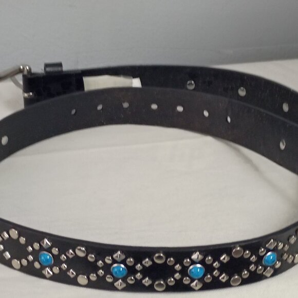 ❤️REBECCA MINKOFF Genuine Turquoise & Silver Studded Black Leather Belt Sm 31-36